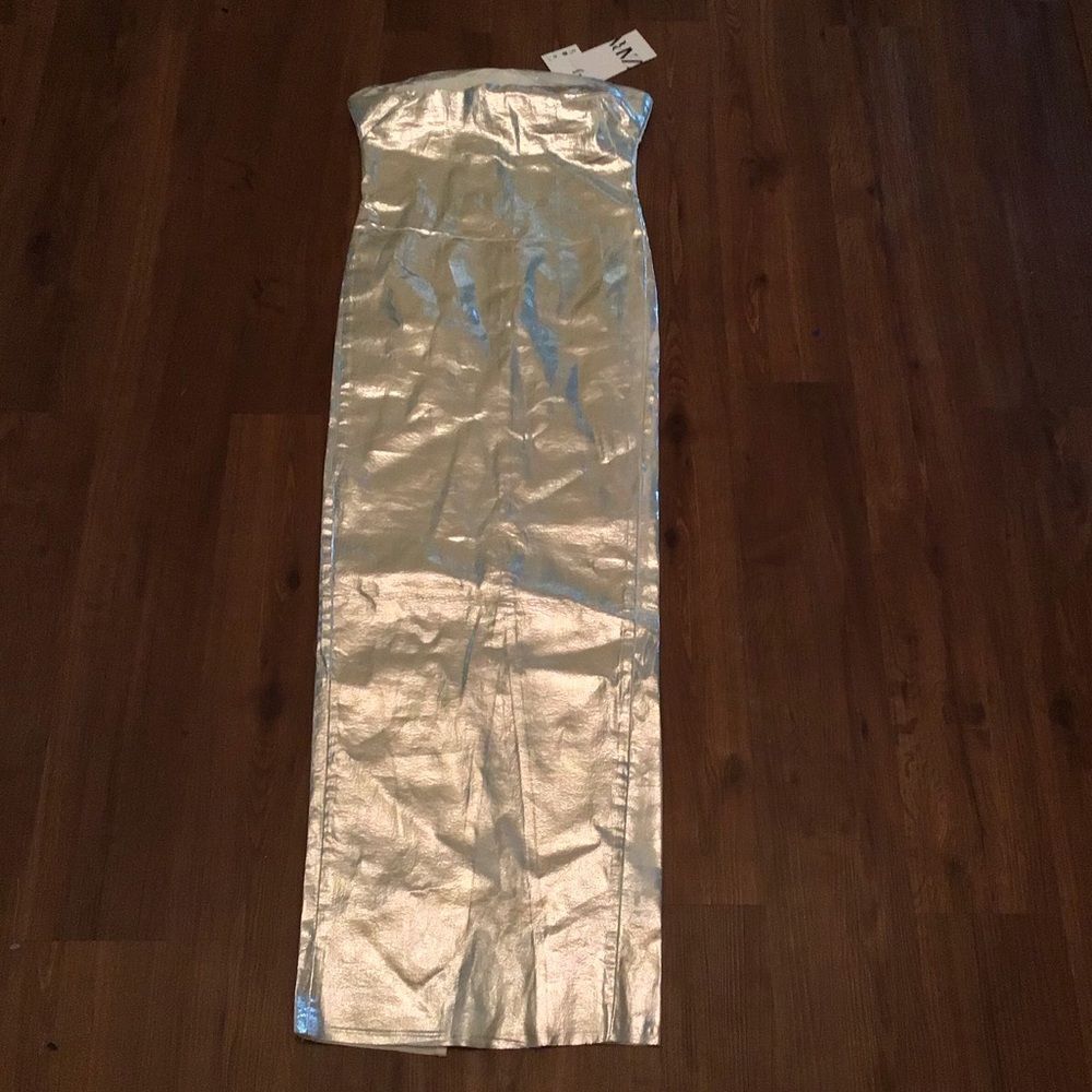 NWT Blogger Favorite Zara Silver Metallic Shiny Strapless Denim Dress - Picture 8 of 9